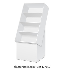 White POS POI  Cardboard Floor Display Rack For Supermarket Blank Empty Displays With Shelves Products On White Background Isolated. Ready For Your Design. Product Packing. Vector EPS10 
