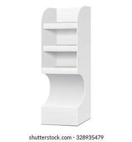 White POS POI Cardboard Floor Display Rack For Supermarket Blank Empty Displays With Shelves Products On White Background Isolated. Ready For Your Design. Product Packing. Vector EPS10 