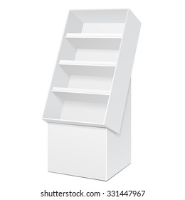 White POS POI Cardboard Floor Display Rack For Supermarket Blank Empty Displays With Shelves Products On White Background Isolated. Ready For Your Design. Product Packing. Vector EPS10 