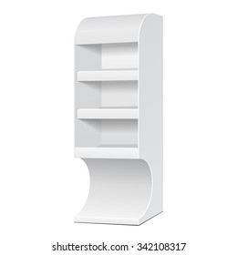 White POS POI Cardboard Floor Display Rack For Supermarket Blank Empty Displays With Shelves Products On White Background Isolated. Ready For Your Design. Product Packing. Vector EPS10 