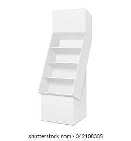 White POS POI Cardboard Floor Display Rack For Supermarket Blank Empty Displays With Shelves Products On White Background Isolated. Ready For Your Design. Product Packing. Vector EPS10 