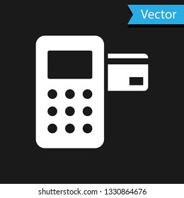 White Pos terminal with inserted credit card icon isolated on black background. Payment terminal transaction. Vector Illustration