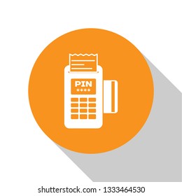 White POS terminal with inserted credit card and printed reciept icon isolated on white background. NFC payment concept. Orange circle button. Flat design. Vector Illustration