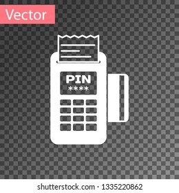 White POS terminal with inserted credit card and printed reciept icon isolated on transparent background. NFC payment concept. Vector Illustration