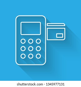 White Pos terminal with inserted credit card icon isolated with long shadow. Payment terminal transaction. Vector Illustration