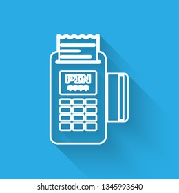 White POS terminal with inserted credit card and printed reciept icon isolated with long shadow. NFC payment concept. Vector Illustration