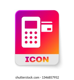 White Pos terminal with inserted credit card icon isolated on white background. Payment terminal transaction. Rectangle color button. Vector Illustration