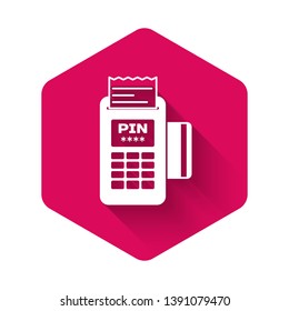 White POS terminal with inserted credit card and printed reciept icon isolated with long shadow. NFC payment concept. Pink hexagon button. Vector Illustration