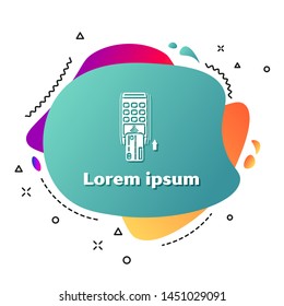 White Pos terminal with inserted credit card icon isolated on white background. Payment terminal transaction. Pay by card. Abstract banner with liquid shapes. Vector Illustration