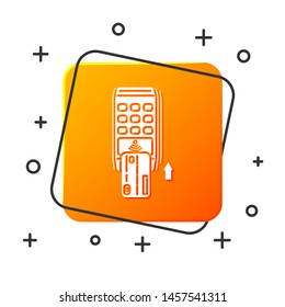 White Pos terminal with inserted credit card icon isolated on white background. Payment terminal transaction. Pay by card. Orange square button. Vector Illustration