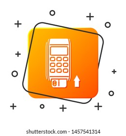 White Pos terminal with inserted credit card icon isolated on white background. Payment terminal transaction. Pay by card. Orange square button. Vector Illustration