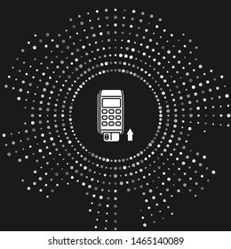 White Pos terminal with inserted credit card icon isolated on grey background. Payment terminal transaction. Pay by card. Abstract circle random dots. Vector Illustration