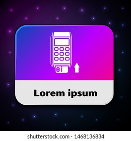 White Pos terminal with inserted credit card icon isolated on black background. Payment terminal transaction. Pay by card. Rectangle color button. Vector Illustration