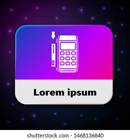 White Pos terminal with inserted credit card icon isolated on black background. Payment terminal transaction. Pay by card. Rectangle color button. Vector Illustration