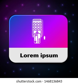White Pos terminal with inserted credit card icon isolated on black background. Payment terminal transaction. Pay by card. Rectangle color button. Vector Illustration