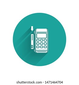 White Pos terminal with inserted credit card icon isolated with long shadow. Payment terminal transaction. Pay by card. Green circle button. Vector Illustration