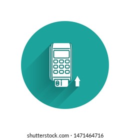 White Pos terminal with inserted credit card icon isolated with long shadow. Payment terminal transaction. Pay by card. Green circle button. Vector Illustration