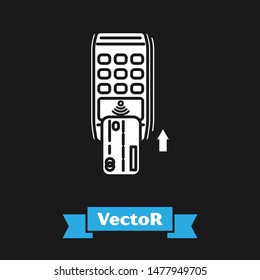 White Pos terminal with inserted credit card icon isolated on black background. Payment terminal transaction. Pay by card.  Vector Illustration