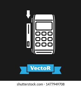 White Pos terminal with inserted credit card icon isolated on black background. Payment terminal transaction. Pay by card.  Vector Illustration