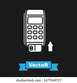 White Pos terminal with inserted credit card icon isolated on black background. Payment terminal transaction. Pay by card.  Vector Illustration