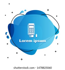 White Pos terminal with inserted credit card icon isolated on white background. Payment terminal transaction. Pay by card. Abstract banner with liquid shapes. Vector Illustration