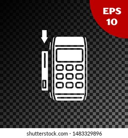 White Pos terminal with inserted credit card icon isolated on transparent dark background. Payment terminal transaction. Pay by card.  Vector Illustration