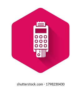 White POS terminal with inserted credit card and printed reciept icon isolated with long shadow. NFC payment concept. Pink hexagon button. Vector Illustration