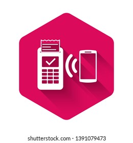 White POS terminal with printed reciept and confirms the payment by smartphone icon isolated with long shadow. NFC payment concept. Pink hexagon button. Vector Illustration