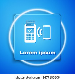 White POS terminal with printed reciept and confirms the payment by smartphone icon isolated on blue background. NFC payment concept. Blue square button. Vector Illustration