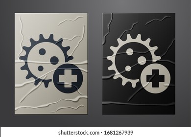 White Positive virus icon isolated on crumpled paper background. Corona virus 2019-nCoV. Bacteria and germs, cell cancer, microbe, fungi. Paper art style. Vector Illustration