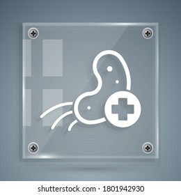 White Positive virus icon isolated on grey background. Corona virus 2019-nCoV. Bacteria and germs, cell cancer, microbe, fungi. Square glass panels. Vector Illustration