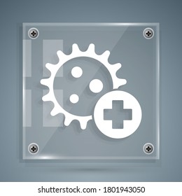 White Positive virus icon isolated on grey background. Corona virus 2019-nCoV. Bacteria and germs, cell cancer, microbe, fungi. Square glass panels. Vector Illustration