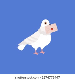 White post pigeon holding envelope in beak flat style, vector illustration isolated on blue background. Cute bird character, decorative design element, communication