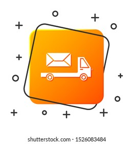White Post truck icon isolated on white background. Mail car. Vehicle truck transport with envelope or letter. Orange square button. Vector Illustration