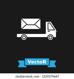 White Post truck icon isolated on black background. Mail car. Vehicle truck transport with envelope or letter.  Vector Illustration