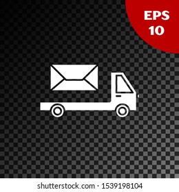 White Post truck icon isolated on transparent dark background. Mail car. Vehicle truck transport with envelope or letter.  Vector Illustration
