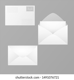 White postage stamp envelope. Front and rear view, open and closed. Vector illustration.