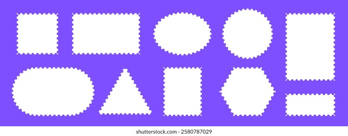 White postage stamp set. Poststamp frames or borders. Rectangle, circle or square template for mail, postcard, letter, note. Jagged wavy edge forms. Vector zig zag objects for badge, sticker, photo