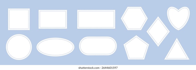 White postage stamps set. Blank post stamps in various shapes including rectangle, square, circle, oval, triangle, heart, diamond, hexagon, pentagon. Vector illustration isolated on blue.
