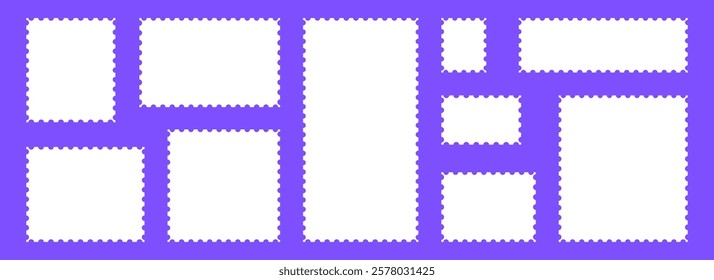 White postage stamps set. Post stamp frames and borders. Rectangle and square template for mail, postcard, letter, note. Jagged wavy edge forms. Vector zigzag objects for badge, sticker, photo