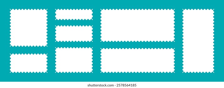 White postage stamps set. Post stamp frames and borders. Rectangle and square template for mail, postcard, letter, note. Jagged wavy edge forms. Vector zigzag objects for badge, sticker, photo, frame