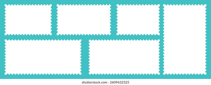White postage stamps set. Post stamp frames and borders. Rectangle template for mail, postcard, letter, note. Jagged wavy edge forms. Post stamps collection. Vector illustration	
