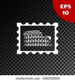 White Postal stamp and Coliseum icon isolated on transparent dark background. Colosseum sign. Symbol of Ancient Rome, gladiator fights.  Vector Illustration