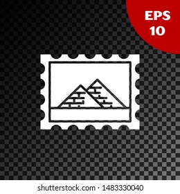 White Postal stamp and Egypt pyramids icon isolated on transparent dark background.  Vector Illustration