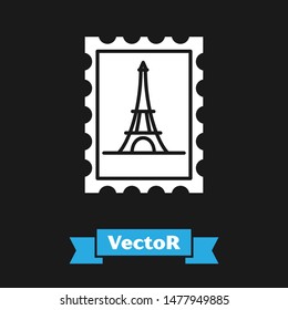 White Postal stamp and Eiffel tower icon isolated on black background.  Vector Illustration