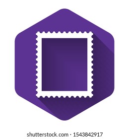 White Postal stamp icon isolated with long shadow. Purple hexagon button. Vector Illustration