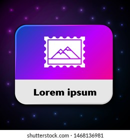 White Postal stamp and Mountains icon isolated on black background. Rectangle color button. Vector Illustration
