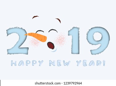 White postcard design with singing snowman face. Inscription of date with singing snowman face instead of zero number on white background. Can be used for postcards, invitations, greeting cards