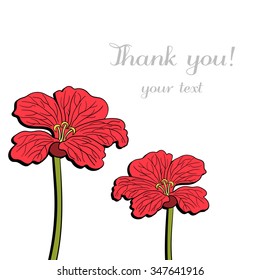 White postcard with hand drawn red flowers. Vector illustration.