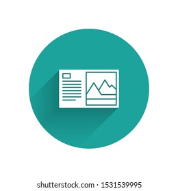 White Postcard icon isolated with long shadow. Green circle button. Vector Illustration
